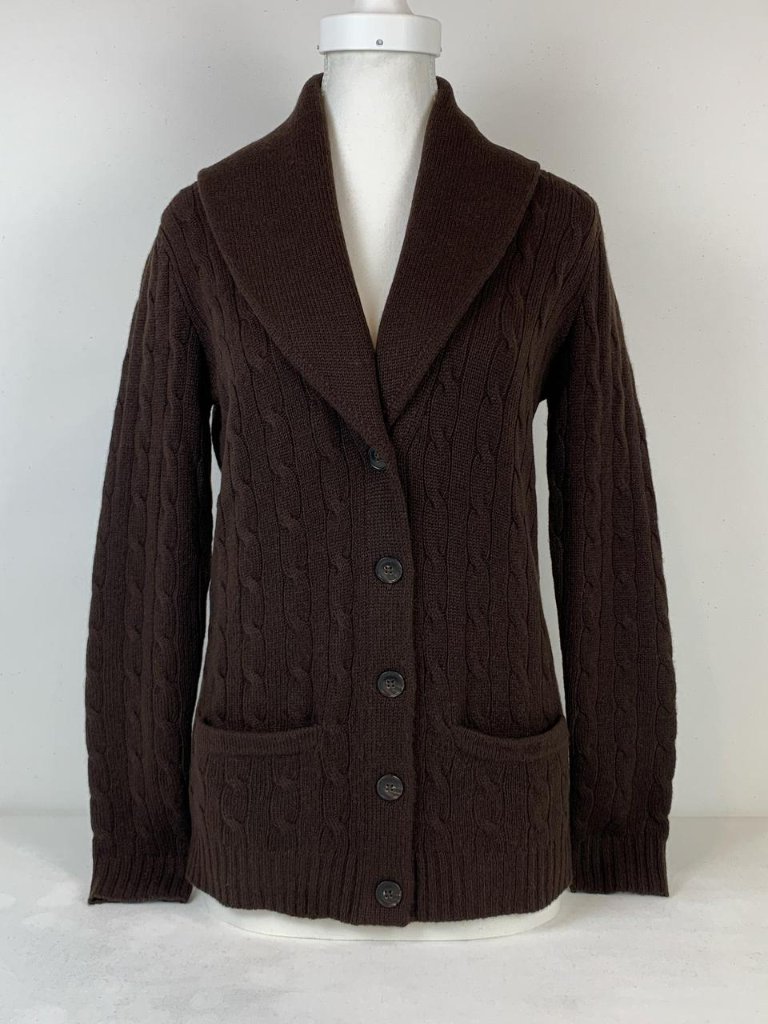 Ralph Lauren Brown Cashmere Cable Knit Cardigan With Elbow Patches - Size S